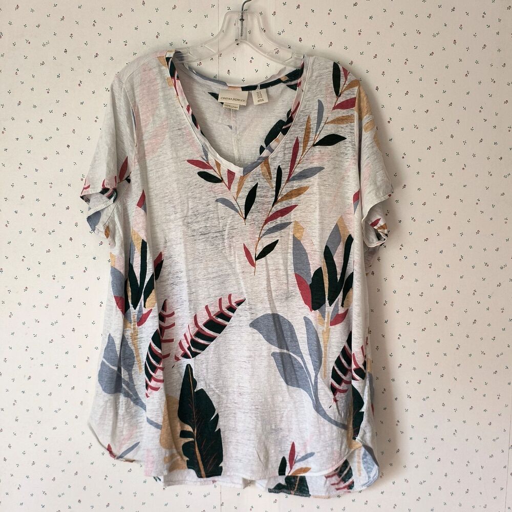 Cynthia Rowley Top Womens 1X Multicolor 100% Linen Tropical Print Tee Coastal